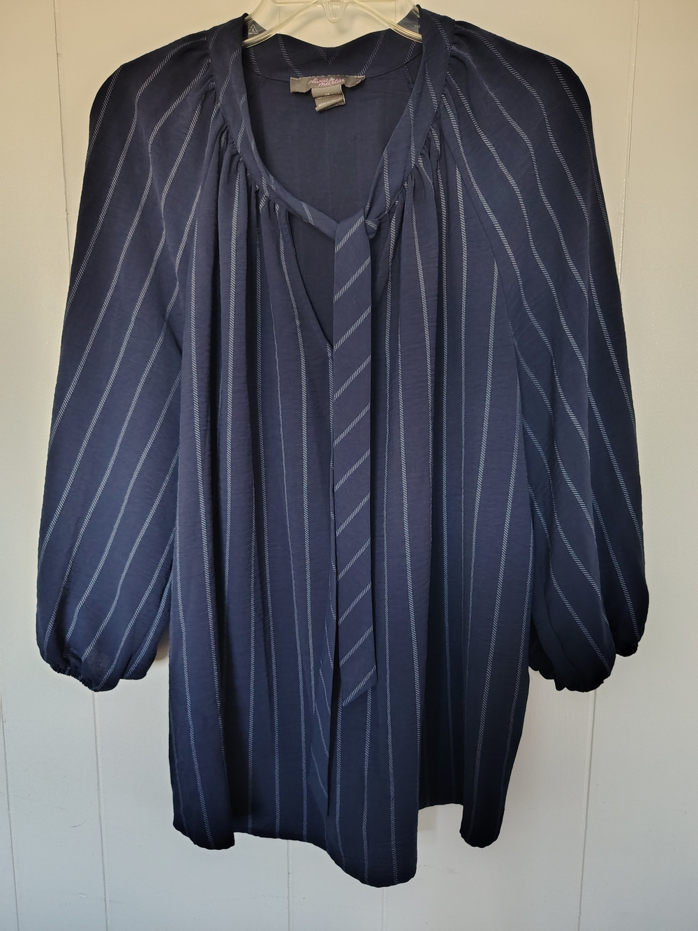 Olivia & Martin Navy Pinstripe Neck Tie Blouse 1X